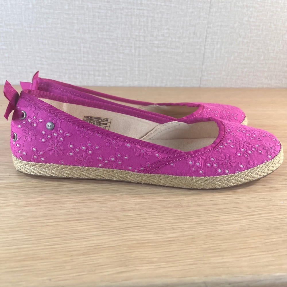 UGG Indah Ballet Flats Pink Eyelet Espadrille Bow Slip On Shoes Women's 6 - Picture 4 of 11